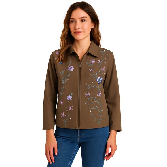 Tabi Size LG Flowers & Sequins Tan Zip Up Jacket - Picture 2 of 6